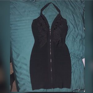Bebe black halter bodycon dress w/ fringe LIKE NEW